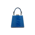 A blue leather handbag with a structured design, featuring a top handle and a shiny metal closure.