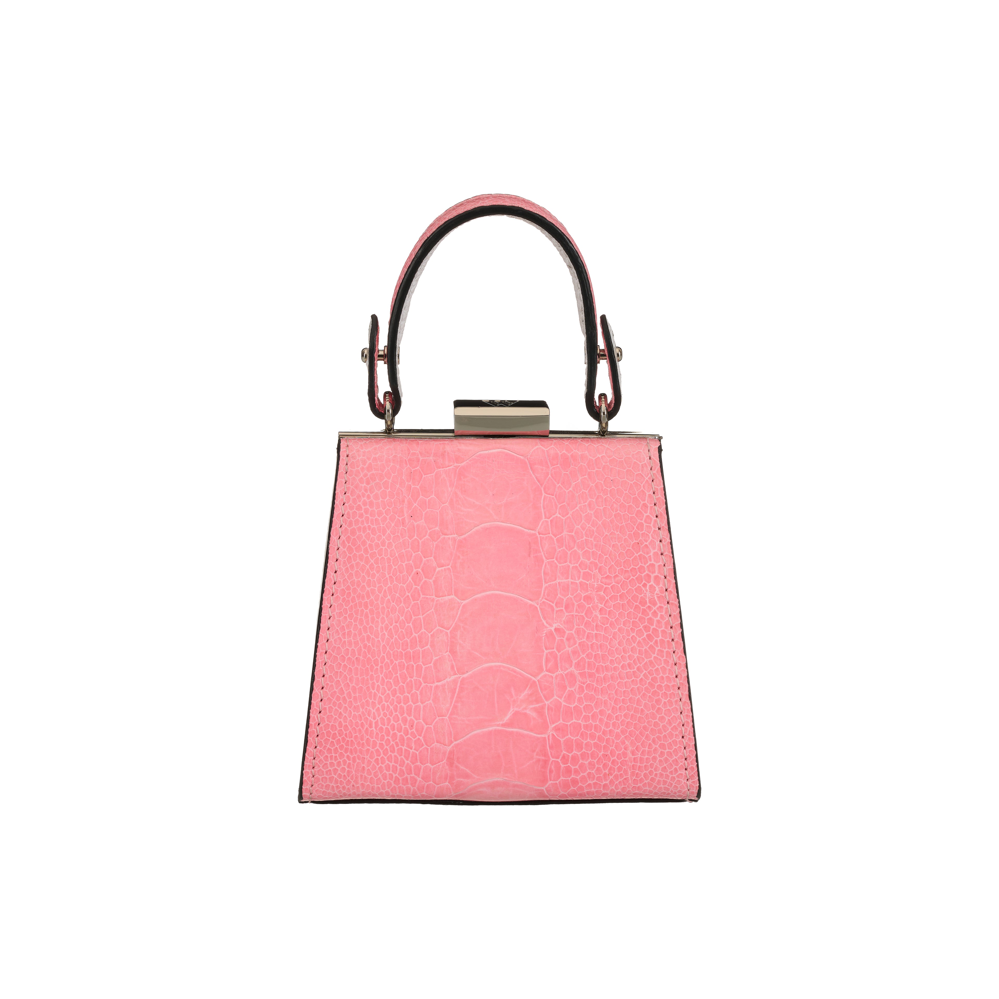 Pink handbag with a metallic handle on a white background