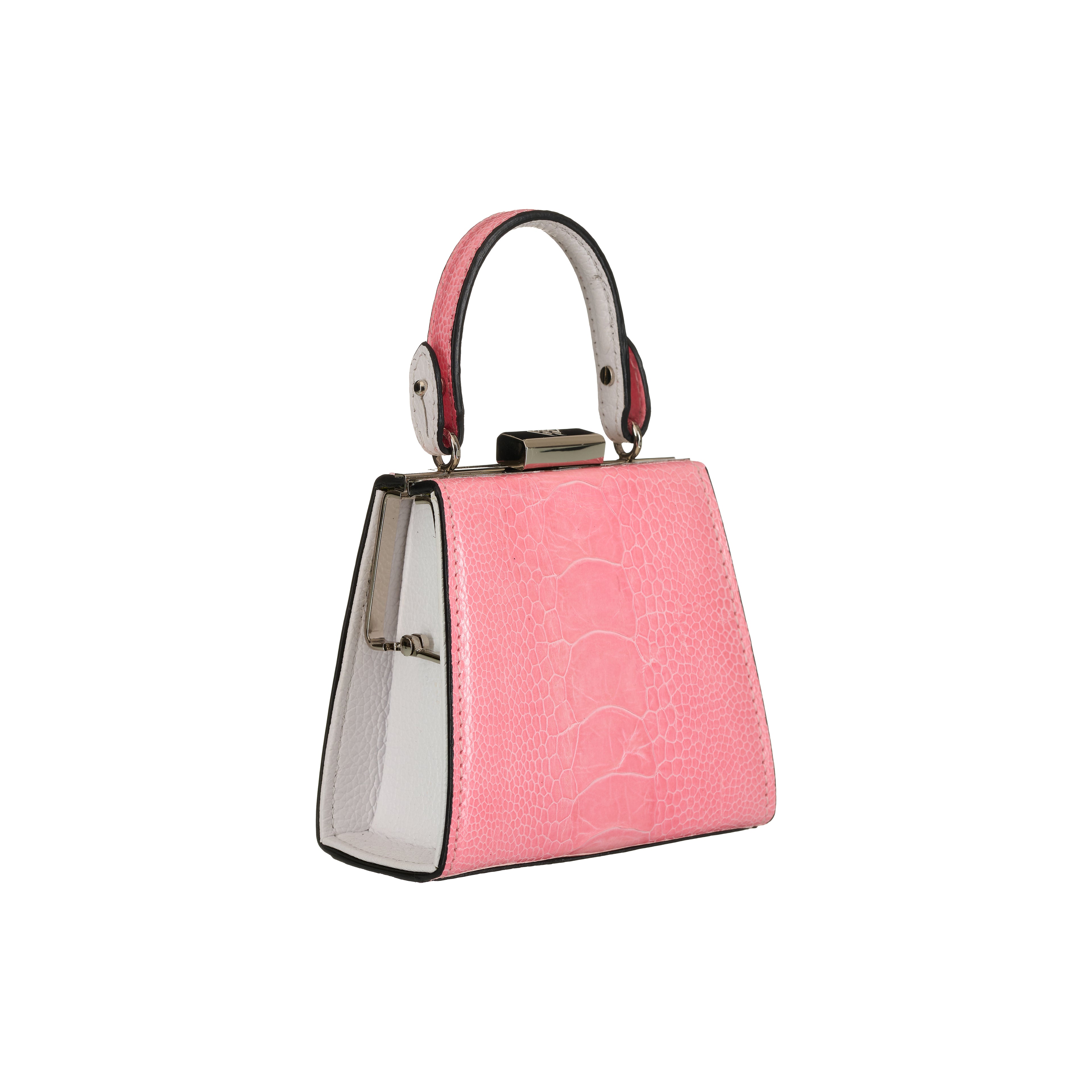 Pink handbag with a clear section on a white background