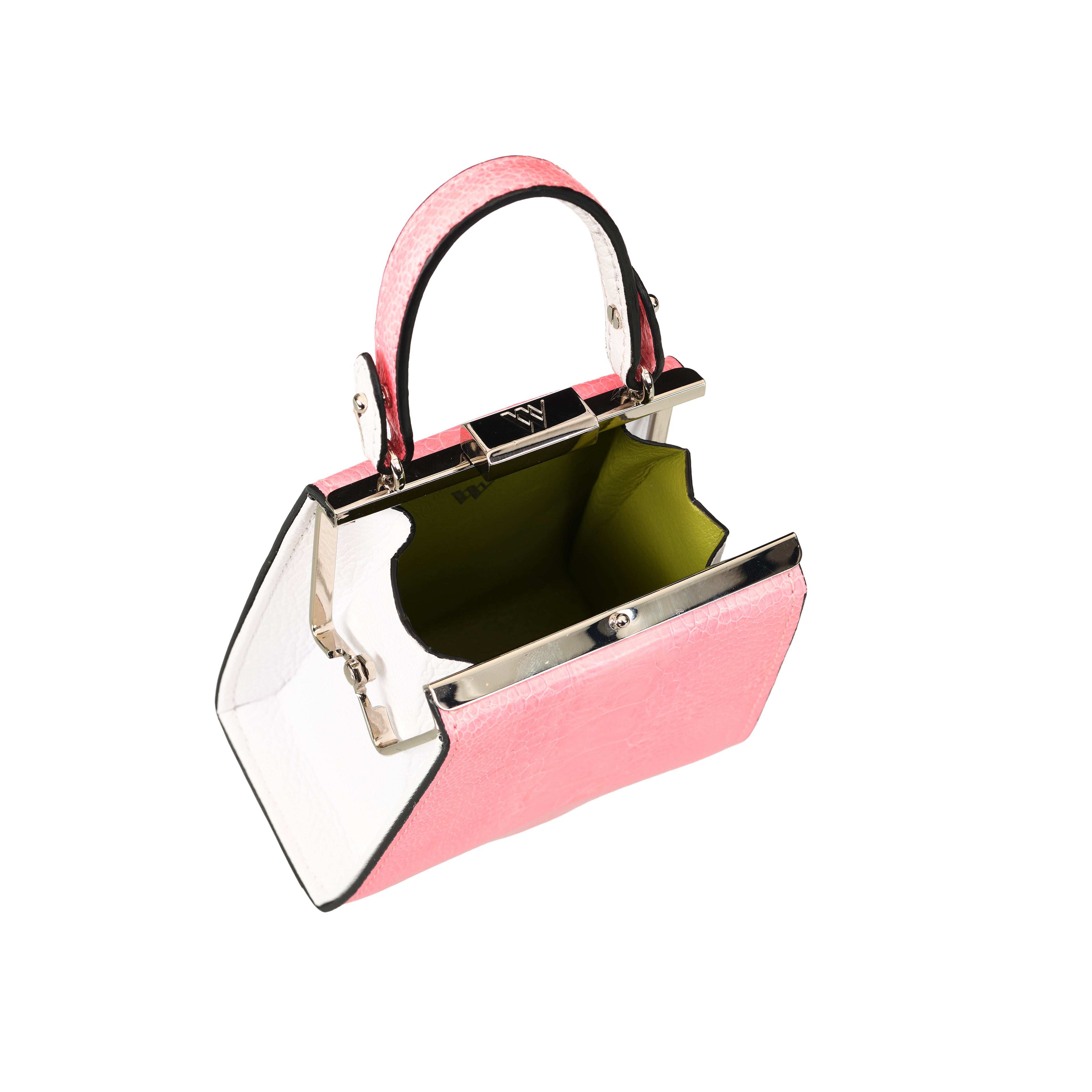 Pink handbag with a clear front panel on a white background