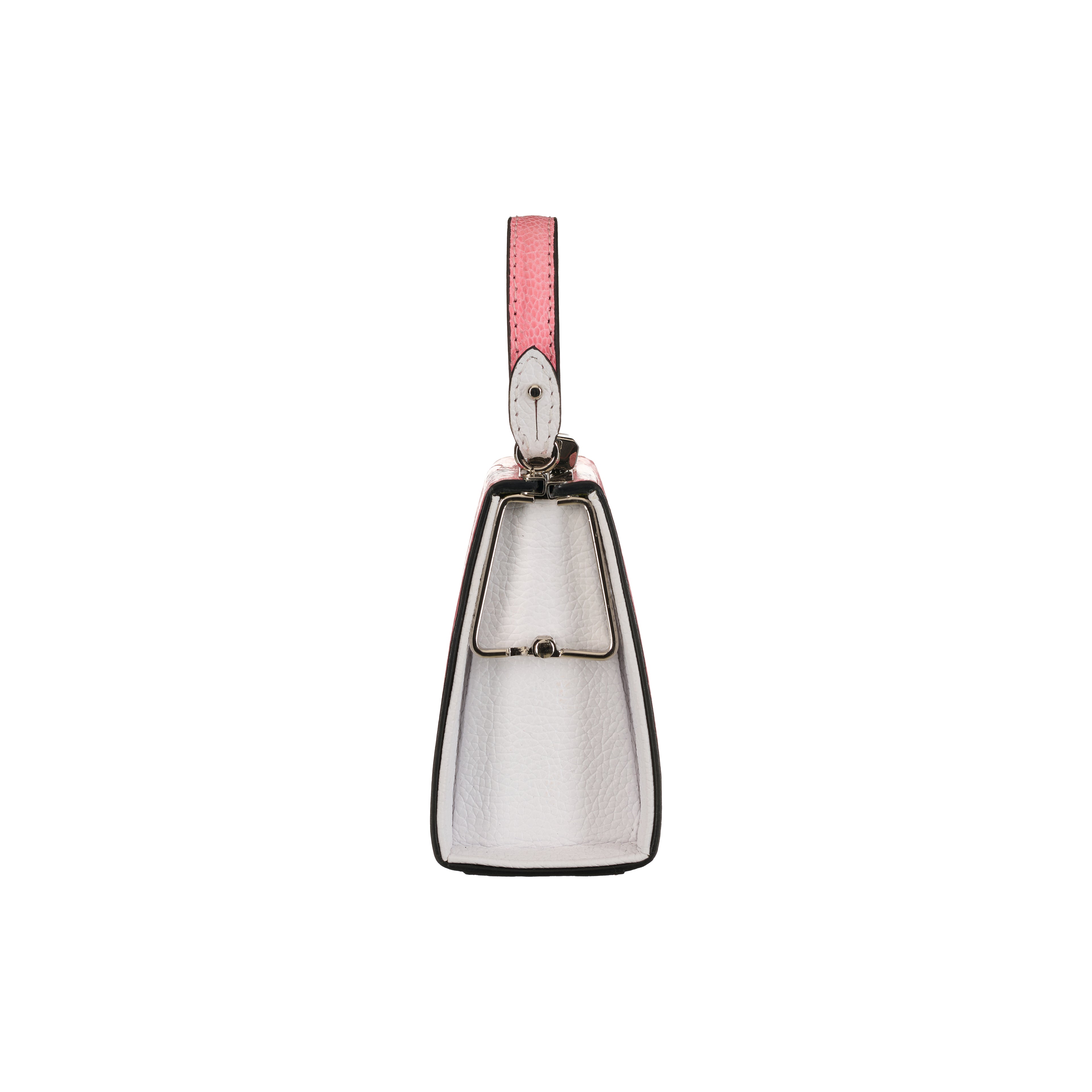 Silver cowbell with a pink strap on a white background