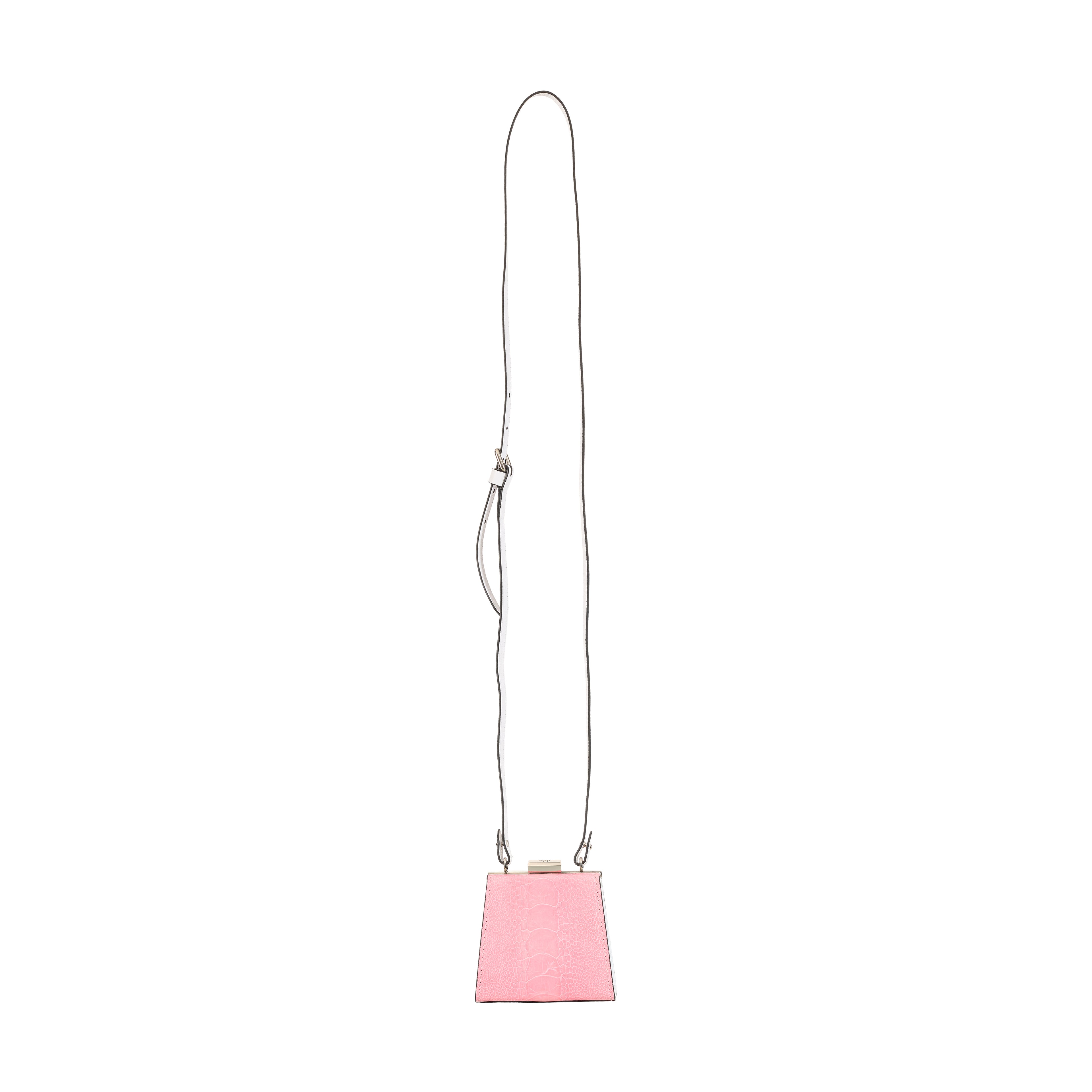 Pink handbag with a long strap on a white background