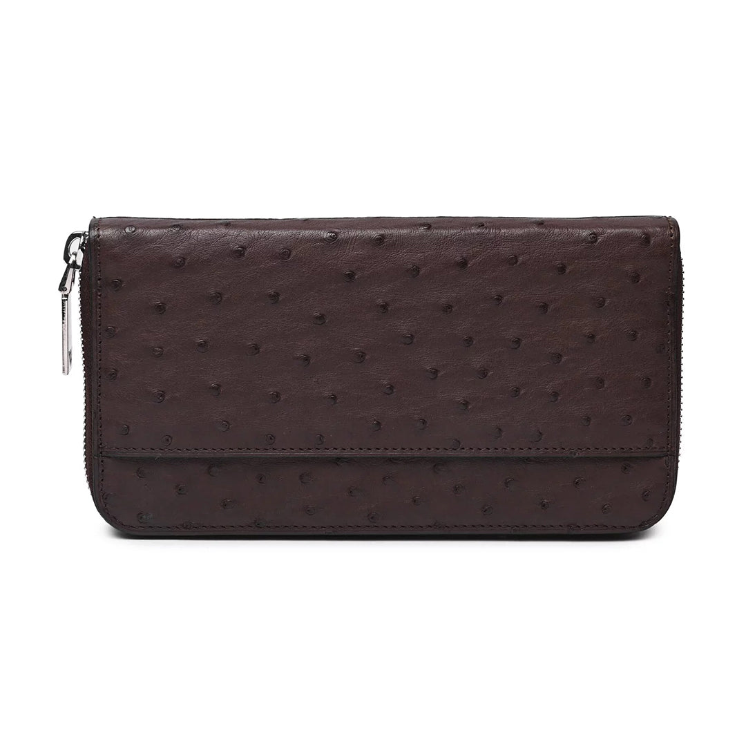 Virginia — Dark Brown African Ostrich Quill Leather Long Wallet Purse