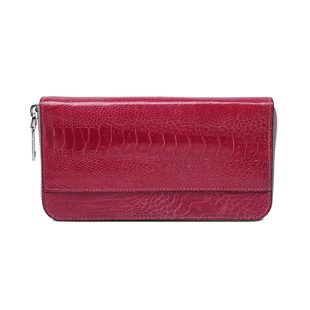 A red ostrich leather wallet with a zipper closure and several card slots visible.