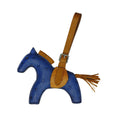 Blue and brown horse-shaped keychain with a strap on a white background