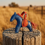 Blue leather horse toy with orange saddle on a wooden post in a field
